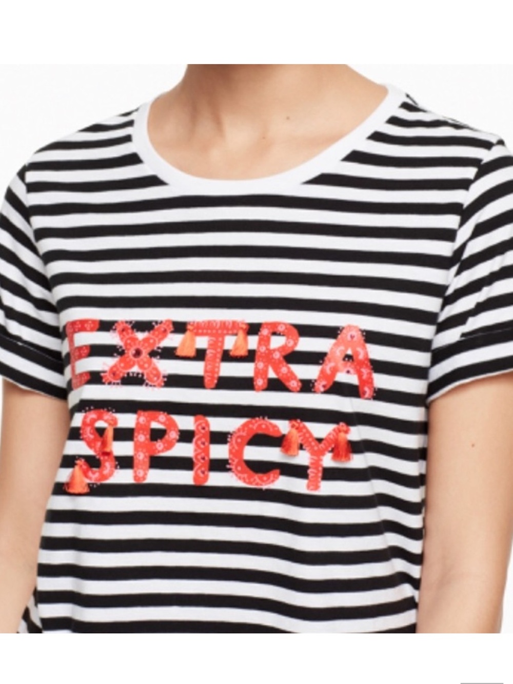 NEW kate spade Black & White Striped Tee with Red 'EXTRA SPICY' Writing